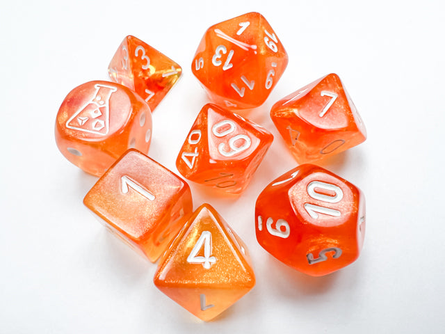 Borealis Blood Orange/white Luminary Polyhedral 7-Dice Set (with bonus die) - CHX30052