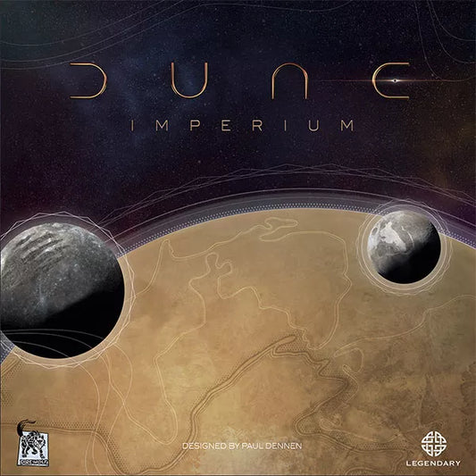 Cover of 'Dune Imperium' board game with desert planet and moons design.